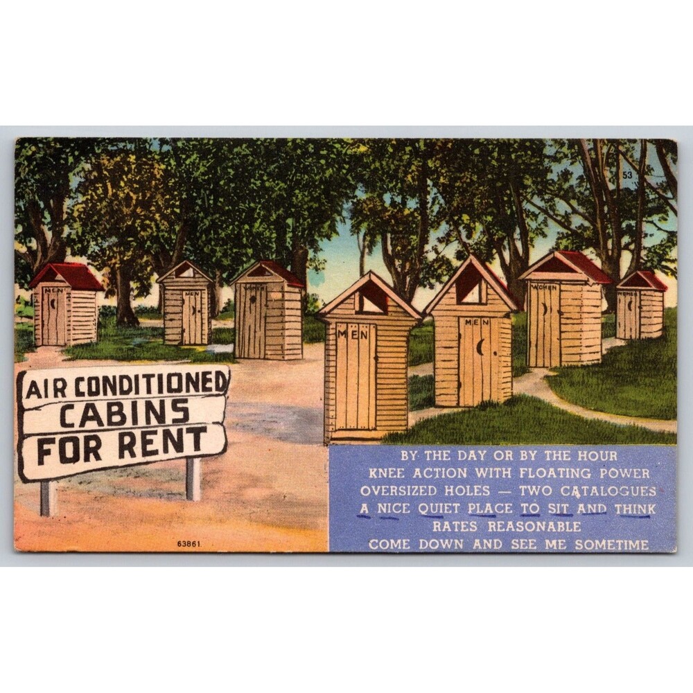 Vtg Linen Postcard 1940s Outhouse Humor Air Conditioned Cabins For Rent Tichnor